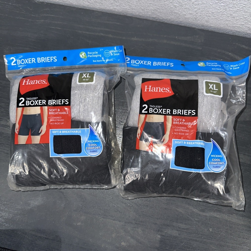 Lot Of 2 Men's X-LARGE Hanes Tagless Wicking Boxer Briefs 2 Pack